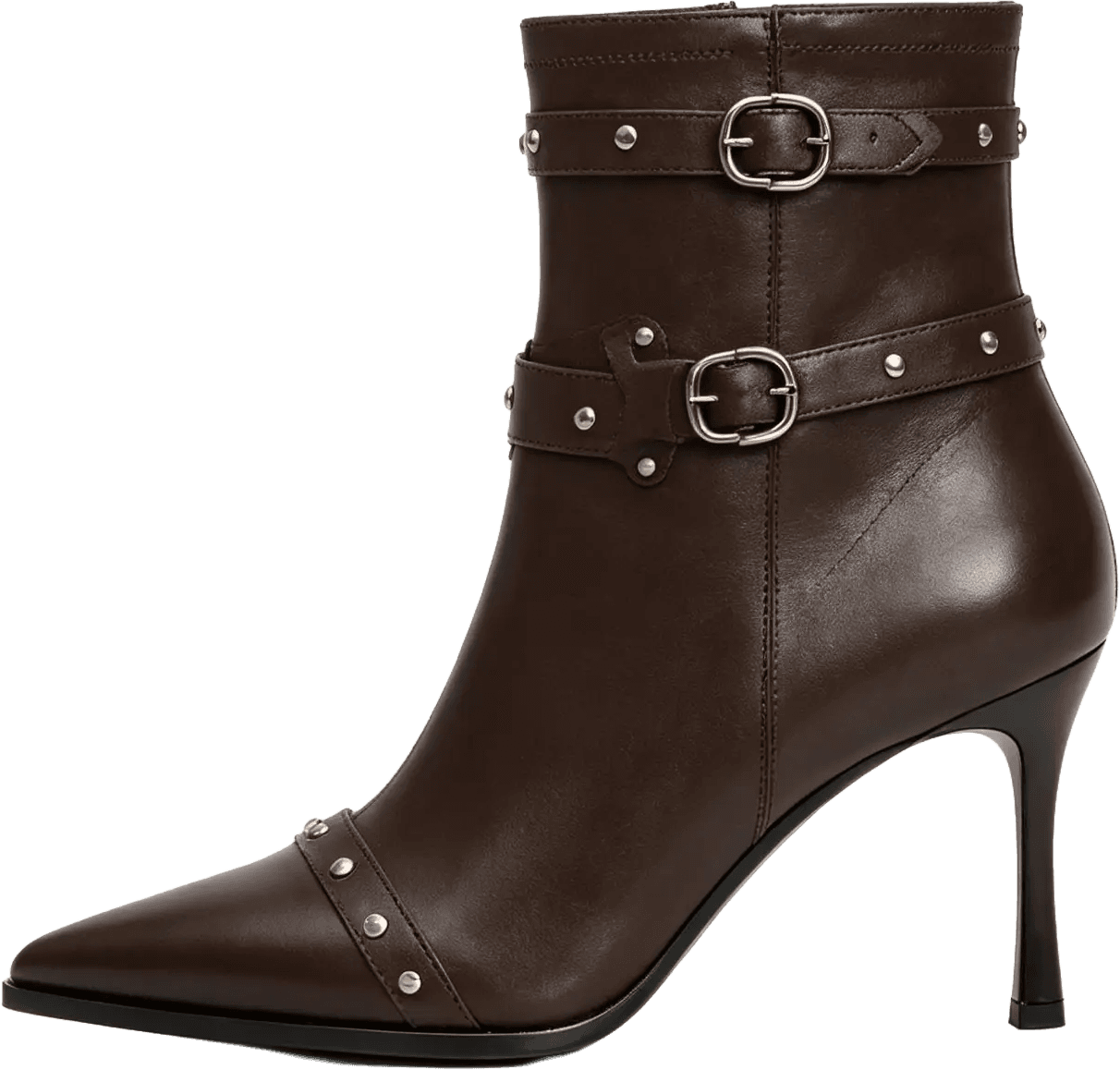 POINTED TOE ANKLE BOOTS WITH DOUBLE BUCKLE STRAPS, SILVER STUDS, AND STILETTO HEEL 2