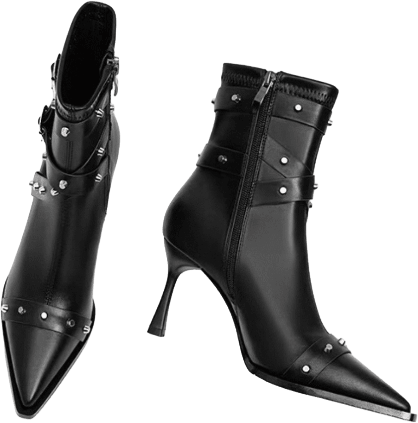 POINTED TOE ANKLE BOOTS WITH DOUBLE BUCKLE STRAPS, SILVER STUDS, AND STILETTO HEEL 4