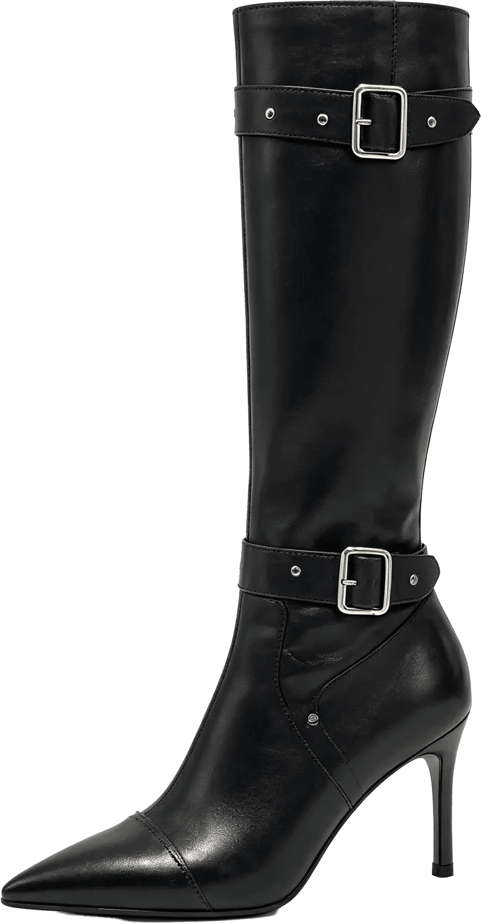 POINTED TOE KNEE HIGH BOOTS WITH DOUBLE BUCKLE STRAPS AND STILETTO HEEL