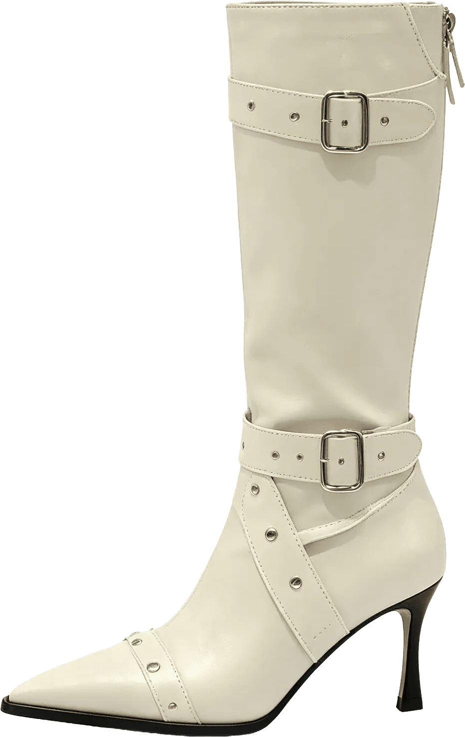 POINTED TOE KNEE HIGH BOOTS WITH DOUBLE BUCKLE STRAPS AND STILETTO HEEL 3