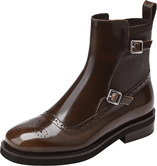 PATENT LEATHER CHELSEA ANKLE BOOTS WITH DOUBLE BUCKLE STRAPS AND BROGUE DETAIL 2
