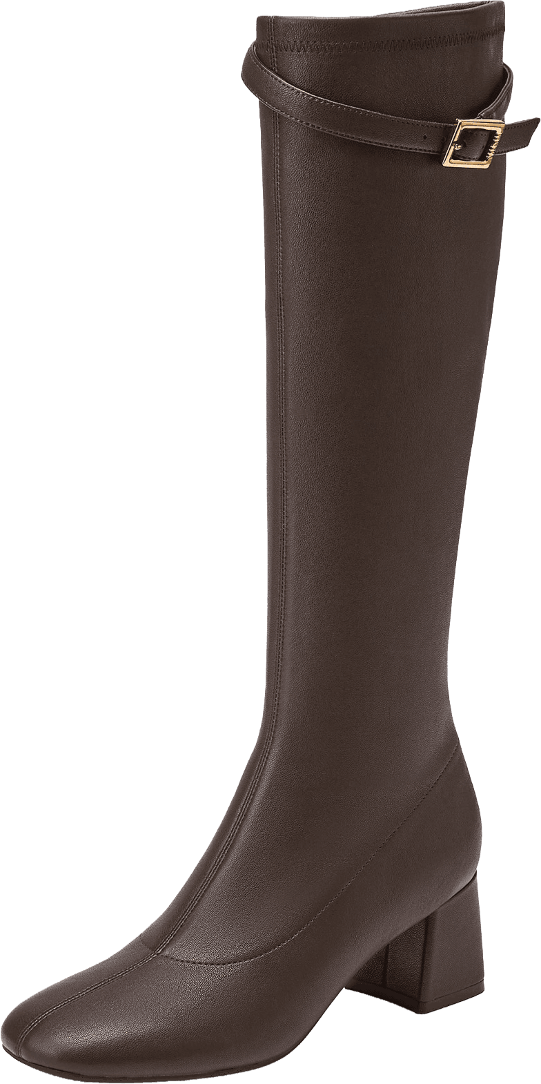 KNEE HIGH BOOTS WITH SQUARE TOE  BLOCK HEEL  AND GOLD BUCKLE STRAP 2