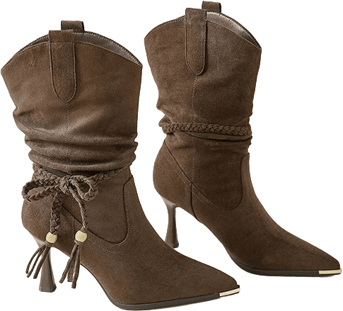 SUEDE WESTERN MID CALF BOOTS WITH POINTED TOE TASSEL DETAIL AND KITTEN HEEL 7