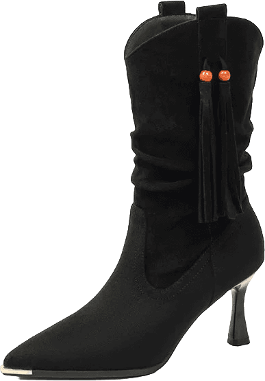 SUEDE WESTERN MID CALF BOOTS WITH POINTED TOE TASSEL DETAIL AND KITTEN HEEL