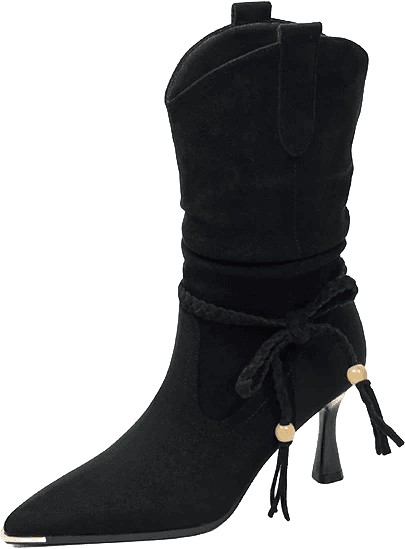 SUEDE WESTERN MID CALF BOOTS WITH POINTED TOE TASSEL DETAIL AND KITTEN HEEL 4