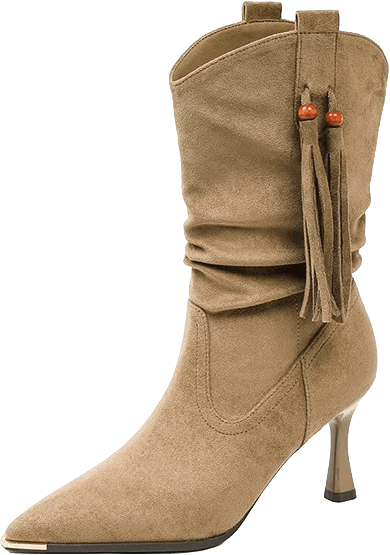 SUEDE WESTERN MID CALF BOOTS WITH POINTED TOE TASSEL DETAIL AND KITTEN HEEL 3