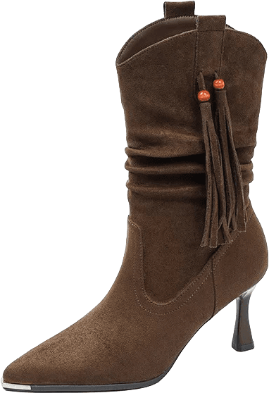 SUEDE WESTERN MID CALF BOOTS WITH POINTED TOE TASSEL DETAIL AND KITTEN HEEL 6