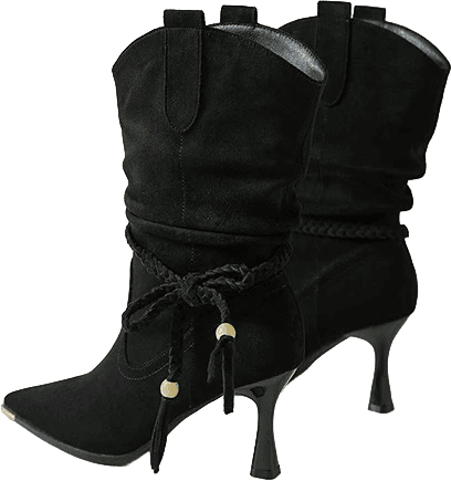 SUEDE WESTERN MID CALF BOOTS WITH POINTED TOE TASSEL DETAIL AND KITTEN HEEL 2