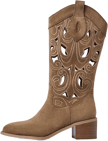 SUEDE WESTERN COWBOY BOOTS WITH EMBROIDERED CUTOUT SHAFT AND STACKED HEEL 3