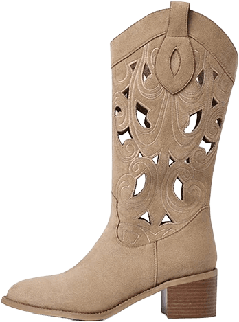 SUEDE WESTERN COWBOY BOOTS WITH EMBROIDERED CUTOUT SHAFT AND STACKED HEEL 2