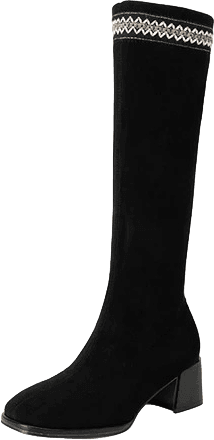 SUEDE KNEE HIGH BOOTS WITH EMBROIDERED TOP TRIM AND BLOCK HEEL 2