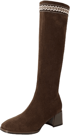 SUEDE KNEE HIGH BOOTS WITH EMBROIDERED TOP TRIM AND BLOCK HEEL 3
