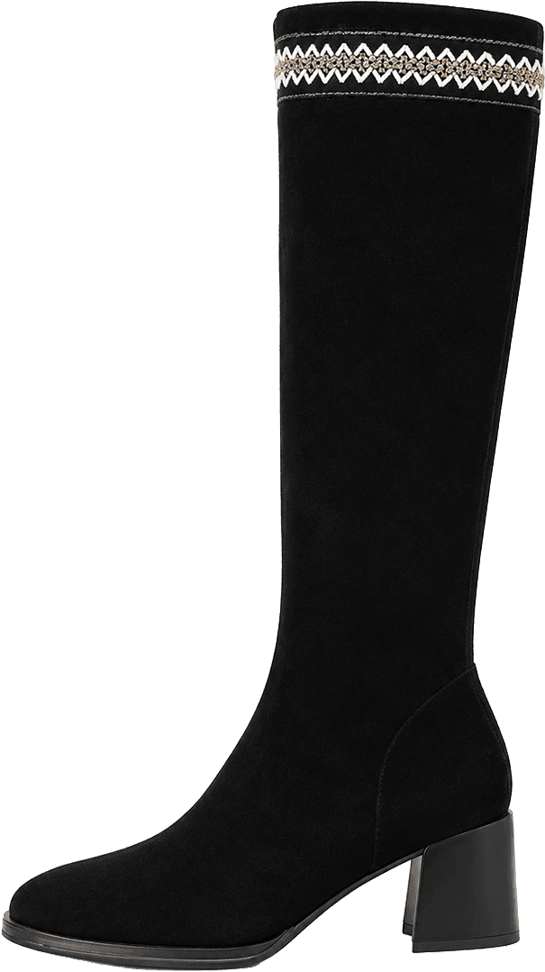 SUEDE KNEE HIGH BOOTS WITH EMBROIDERED TOP TRIM AND BLOCK HEEL