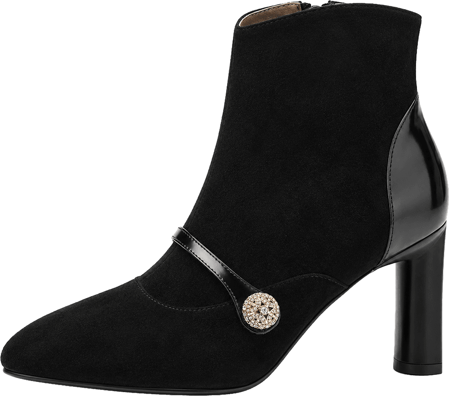 POINTED TOE ANKLE BOOTS WITH RHINESTONE BUTTON STRAP AND BLOCK HEEL
