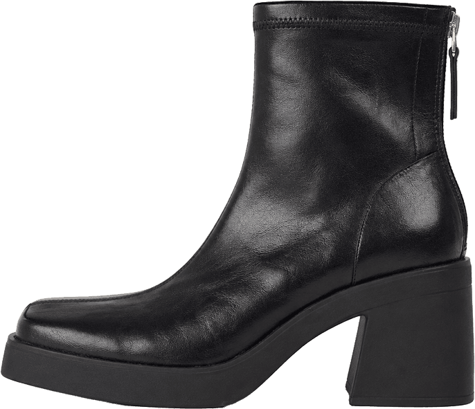 Black Faux Leather Ankle Boots Chunky Block Heel Square Toe Platform Booties with Back Zipper