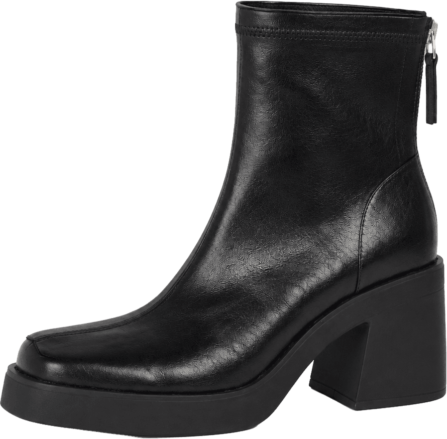 Black Faux Leather Ankle Boots Chunky Block Heel Square Toe Platform Booties with Back Zipper 3