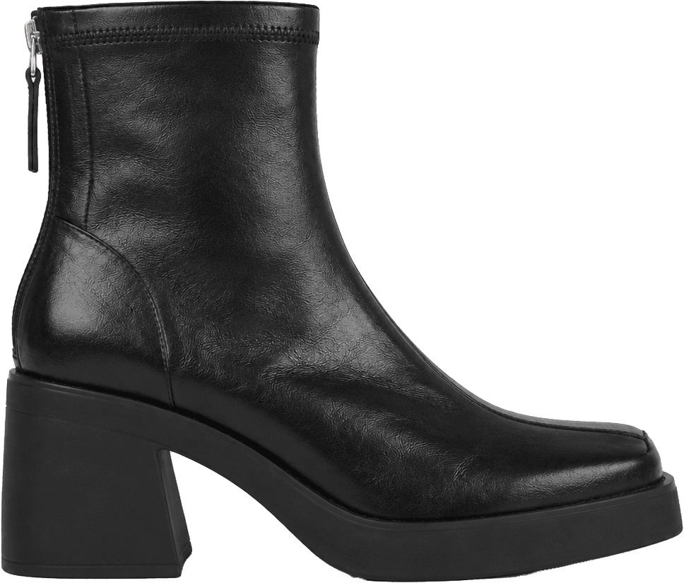 Black Faux Leather Ankle Boots Chunky Block Heel Square Toe Platform Booties with Back Zipper 6
