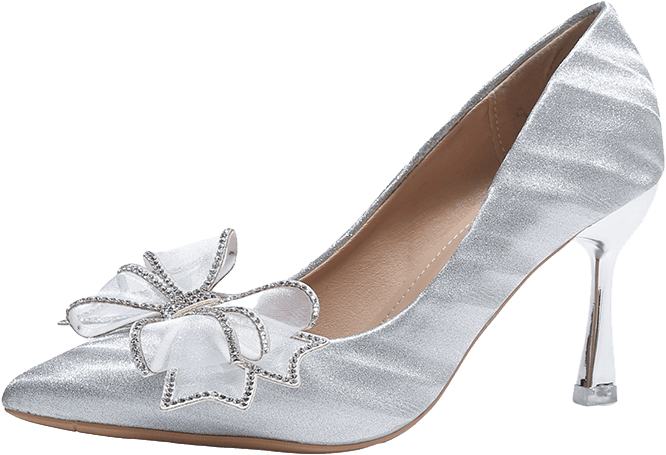 GLITTER POINTED TOE HIGH HEELS WITH RHINESTONE BOW AND CLEAR HEEL