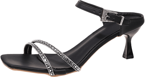 SQUARE TOE RHINESTONE STRAPPY KITTEN HEEL SANDALS WITH ANKLE STRAP