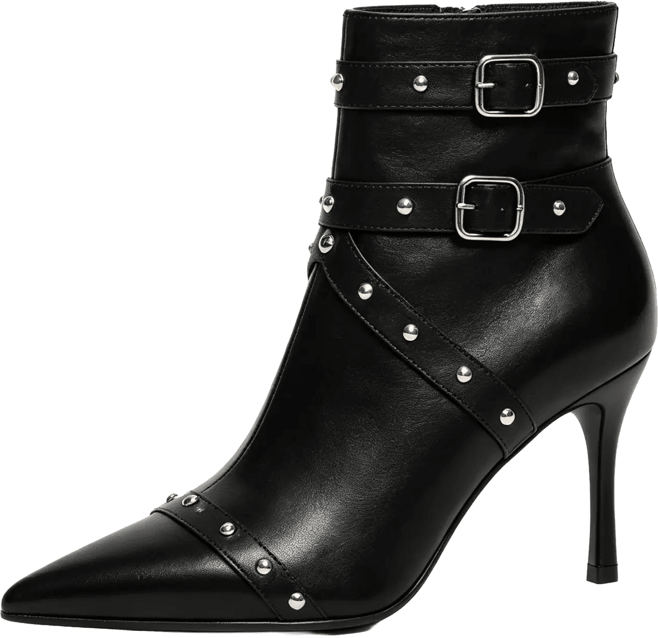 POINTED TOE ANKLE BOOTS WITH DOUBLE BUCKLE STRAPS, SILVER STUDS, AND STILETTO HEEL