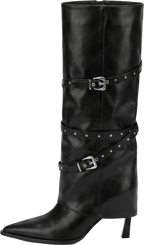 POINTED TOE MID CALF STILETTO BOOTS WITH STUDDED BUCKLE STRAPS