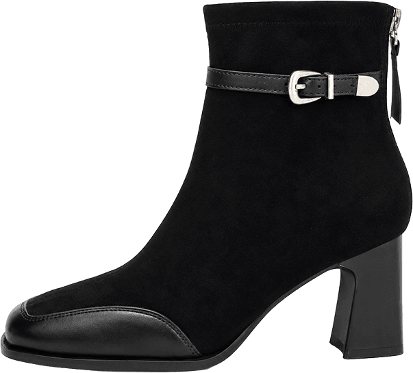 SUEDE ANKLE BOOTS WITH PATENT TOE CAP BUCKLE STRAP AND BLOCK HEEL