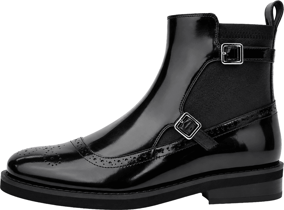 PATENT LEATHER CHELSEA ANKLE BOOTS WITH DOUBLE BUCKLE STRAPS AND BROGUE DETAIL