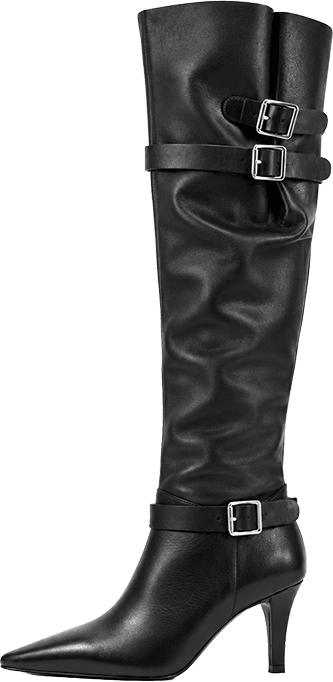 POINTED TOE KNEE HIGH BOOTS WITH TRIPLE BUCKLE STRAPS AND STILETTO HEEL