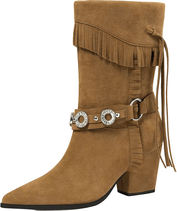 TAN SUEDE WESTERN COWBOY MID CALF BOOTS WITH FRINGE, CONCHO STRAP, AND BLOCK HEEL