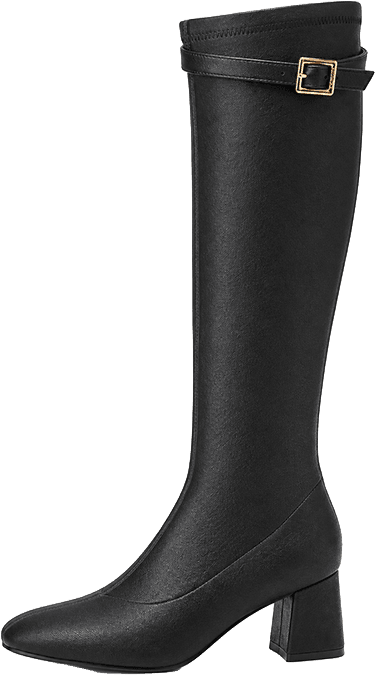 KNEE HIGH BOOTS WITH SQUARE TOE BLOCK HEEL AND GOLD BUCKLE STRAP