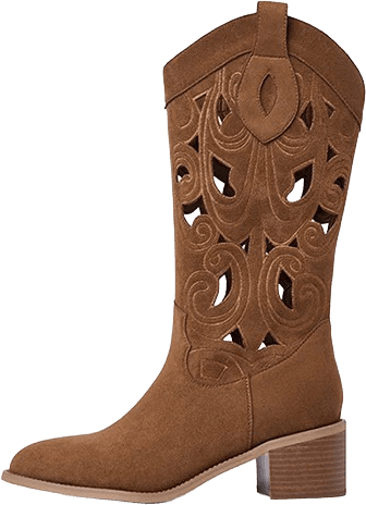 SUEDE WESTERN COWBOY BOOTS WITH EMBROIDERED CUTOUT SHAFT AND STACKED HEEL