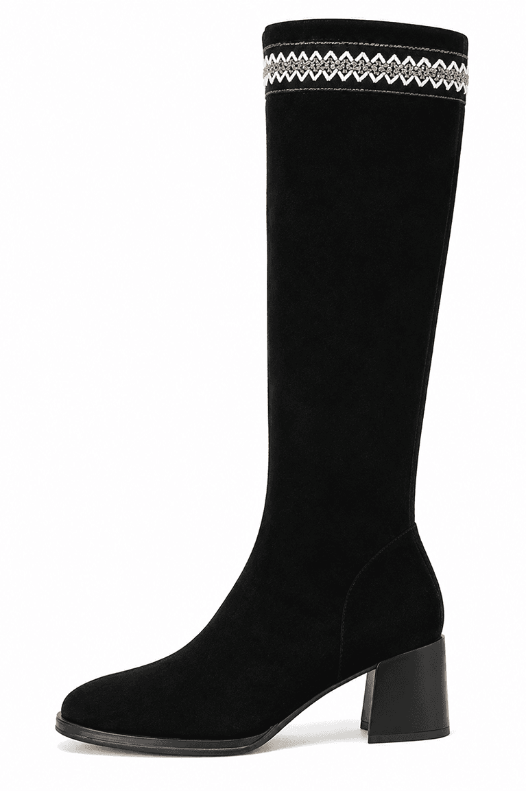 SUEDE KNEE HIGH BOOTS WITH EMBROIDERED TOP TRIM AND BLOCK HEEL